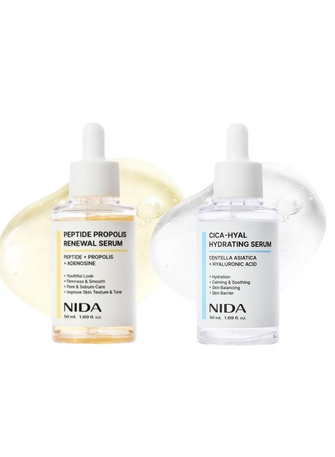 نيدا مجموعة 2-PACK NIDA المستخلص من نبات الجنتيانا مع حمض الهيالورونيك (50 مل) + مجموعة خلاصة البروبوليس والبيبتيد (50 مل) | ترطيب وتهدئة وتفتيح لون البشرة | يشد البشرة ويقلل من حجم المسام | يحسن نسيج البشرة ويقوي حاجز الجلد. - Image 1